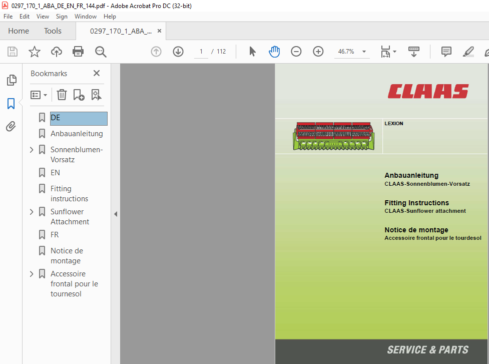 Class Lexion Claas Sunflower Attachment Fitting Instructions Manual De