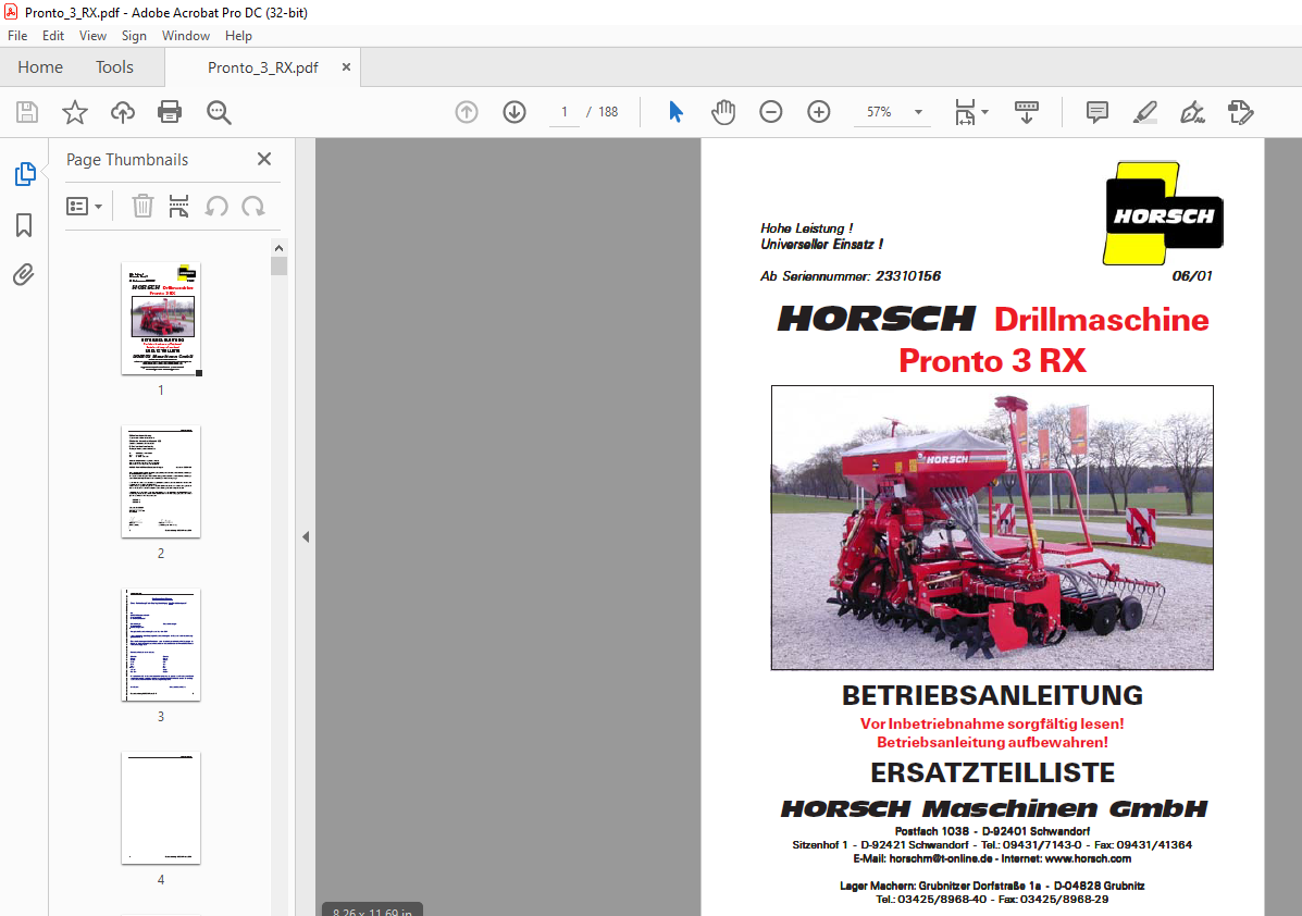 Horsch Drillmaschine Pronto Rx Betriebsanleitung Ersatzteilliste