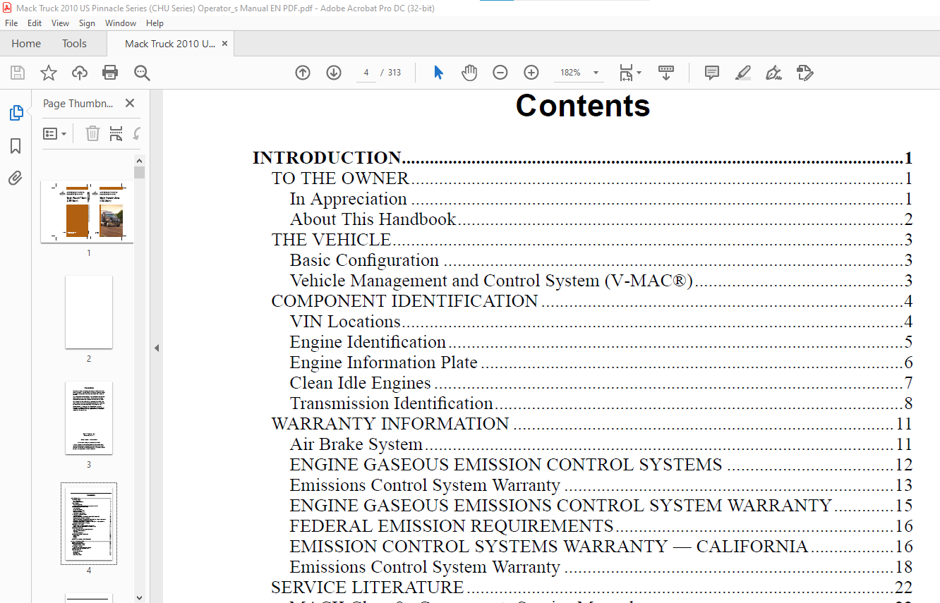 Mack Truck Pinnacle Series Chu Series Operator S Handbook Manual