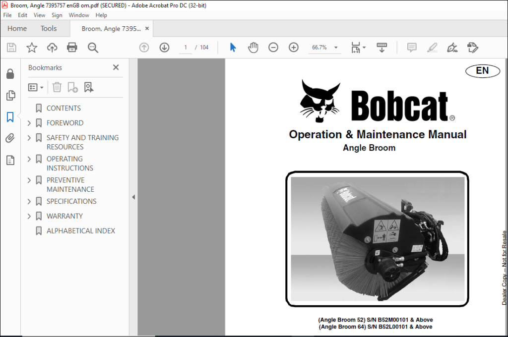 Bobcat Angle Broom Angle Broom Operation Maintenance Manual