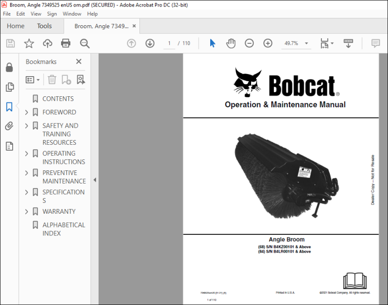 Bobcat Angle Broom Operation Maintenance Manual