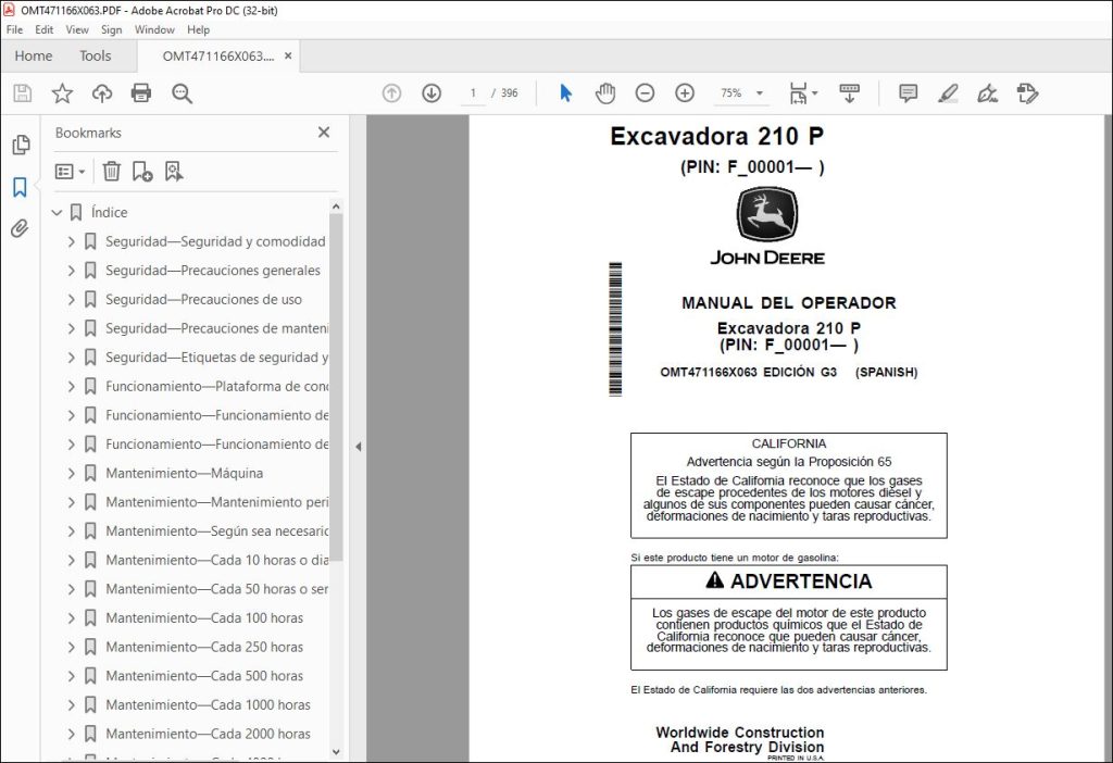 John Deere Excavadora P Manual Del Operador Omt X Pdf