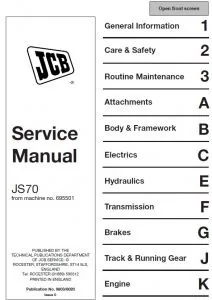 Jcb Js70 Tracked Excavator Workshop Service Repair Manual from machine no. 695501