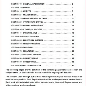New Holland CX Series CX720 CX740 CX760 CX780 CX820 CX840 CX860 CX880 Combines Shop Manual - PDF Download