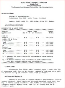 Volkswagen Automatic Transmission 01m Service Manual - PDF DOWNLOAD