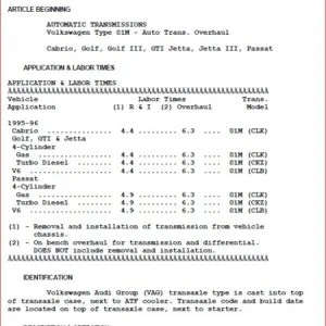Volkswagen Automatic Transmission 01m Service Manual - PDF DOWNLOAD