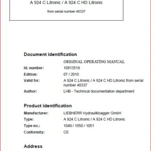 Liebherr A924c Litronic A924c hd Litronic Hydraulic Excavator Operation Maintenance Manual Download