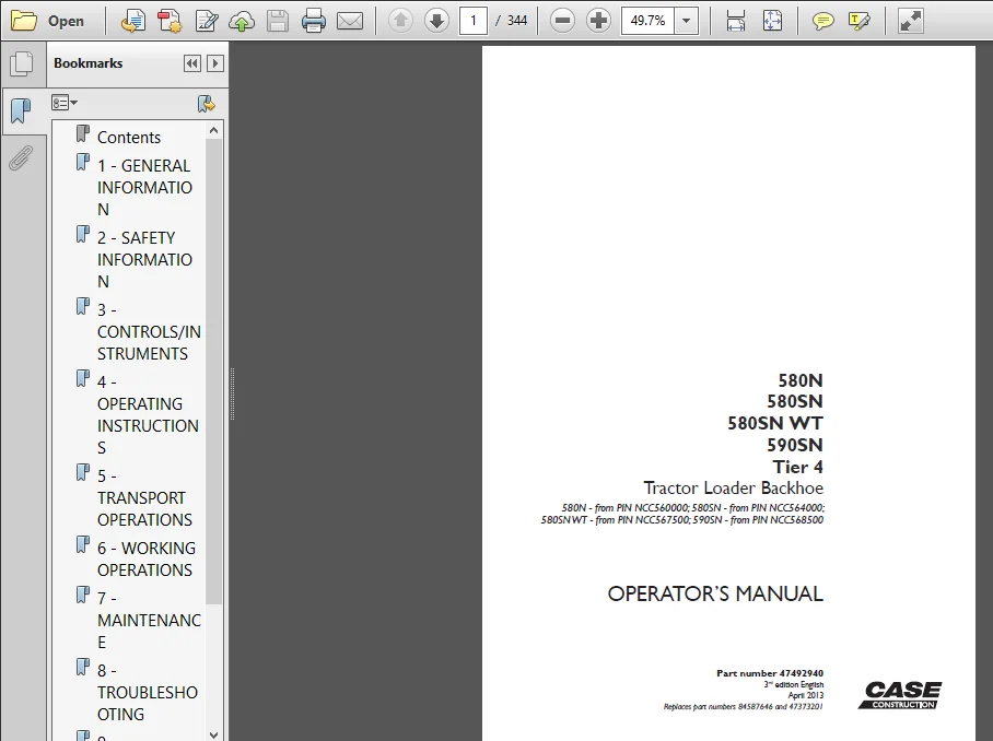 CASE 580N 5805N 580SN WT 59OSN Tier 4 Tractor Loader Backhoe Operatorโs Manual - PDF Download - Image 2