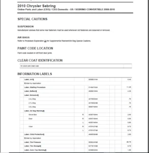Chrysler Sebring 2008 - 2010 Convertible Parts Manual - DOWNLOAD