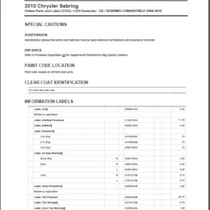 Chrysler Sebring 2008 - 2010 Convertible Parts Manual - DOWNLOAD