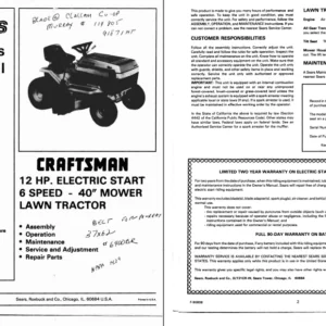 Craftsman Lawn Tractor 12hp Owners Manual SN  502 254982 - DOWNLOAD