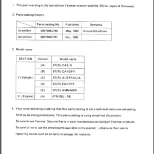 Yanmar Crawler Backhoe B7 Parts Catalog Manual - Download