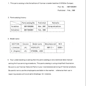 Yanmar Vio15 Crawler Backhoe Parts Catalog Manual - DOWNLOAD