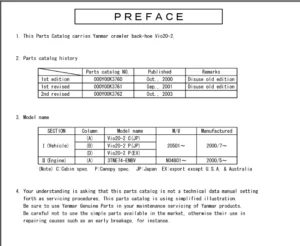 Yanmar Vio20 2 Crawler backhoe Parts Catalogue - PDF DOWNLOAD