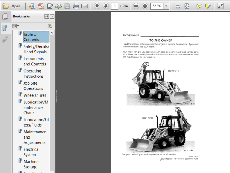 Case 580 SUPER k 580SK Turbo Loader Backhoe Operators Manual - PDF ...