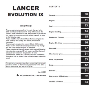 Mitsubishi Lancer Evolution 9 EVO IX 2005 2006 2007 Car Workshop Service Repair Manual - PDF Download