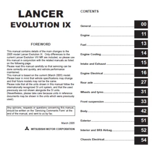 Mitsubishi Lancer Evolution 9 EVO IX 2005 2006 2007 Car Workshop Service Repair Manual - PDF Download