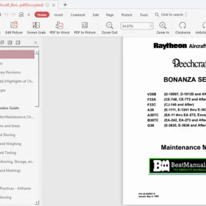 Beechcraft Bonanza V35B F33A   F33C A36 A36TC B36TC G36 Manitenance Manual  - PDF DOWNLOAD