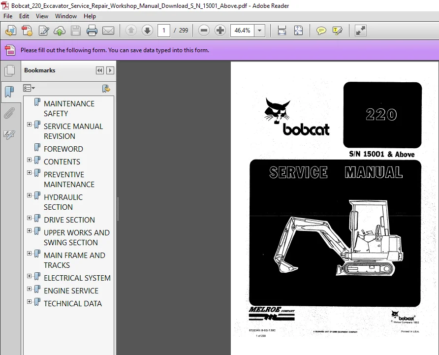 Bobcat 220 Excavator Service Repair Workshop Manual - PDF Download - Image 4