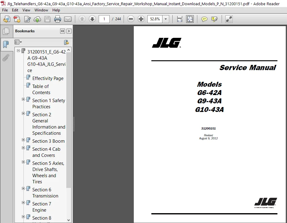 Jlg Telehandlers G6 42a G9 43a G10 43a Ansi Factory Service Repair Workshop Manual Instant - Download - Image 3