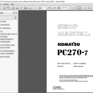 Komatsu Pc270-7 Hydraulic Excavator Service Repair Manual - PDF Download