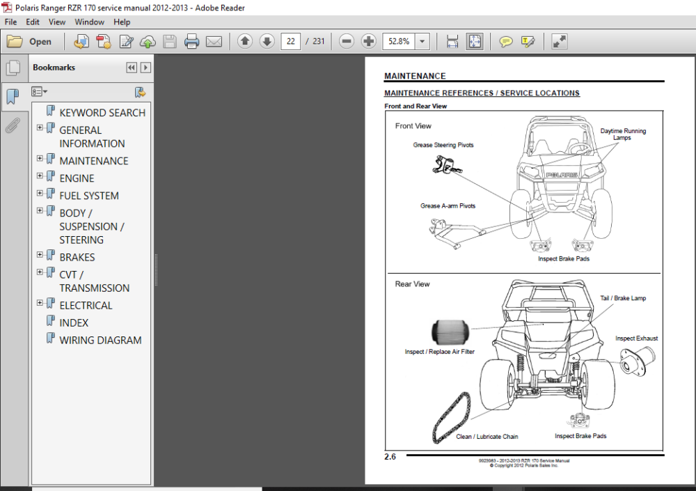 Polaris RZR 170 UTV Shop Manual 2012 - 2015 - PDF DOWNLOAD ...