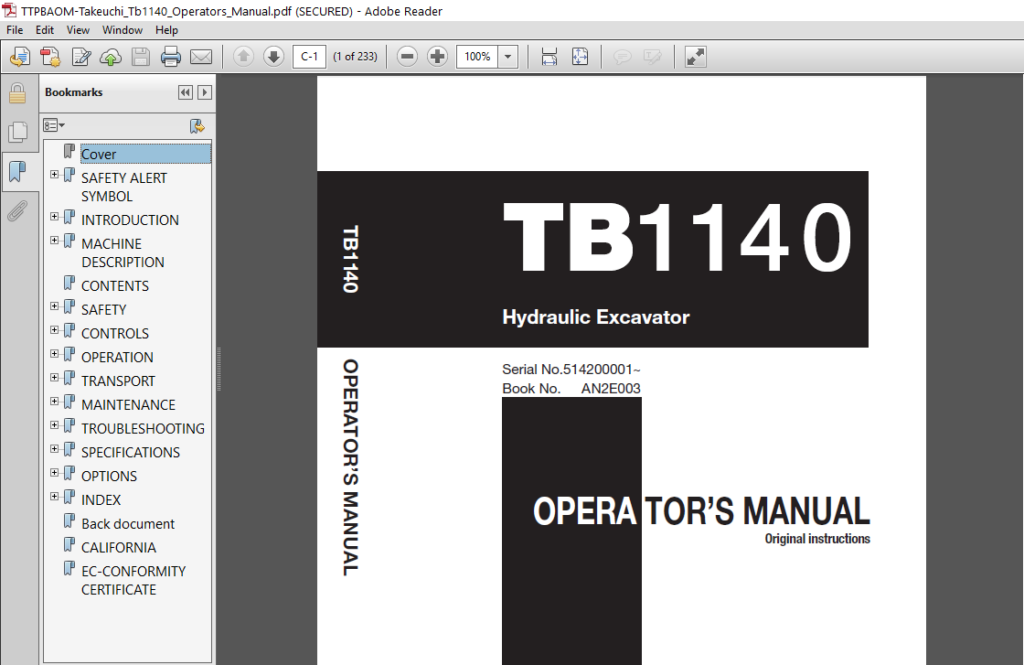 Takeuchi Tb1140 Operators Manual - PDF Download ~ HeyDownloads - Manual