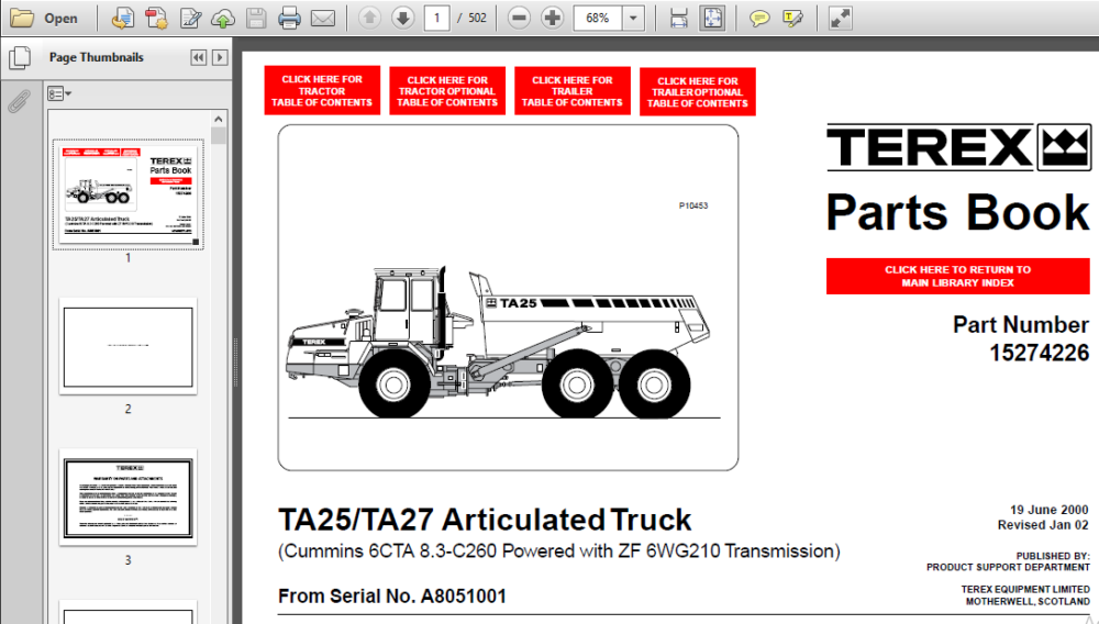 Terex Ta25 Ta27 Articulated Dump Truck Parts Catalog Manual - Download