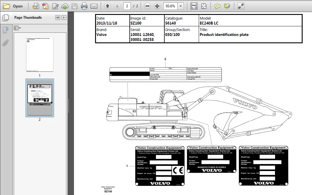 Volvo EC240B LC, EC240B LR, EC240B NLC Excavator  Parts Catalogue Manual - PDF Download - Image 2