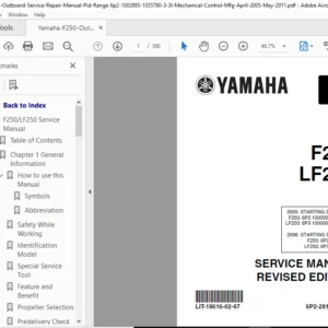 Yamaha F250 & LF250 outboard service repair manual. PID Range: 6P2-10028951035780 3.3L Mechanical Control Mfg April 2005 May 2011 - DOWNLOAD