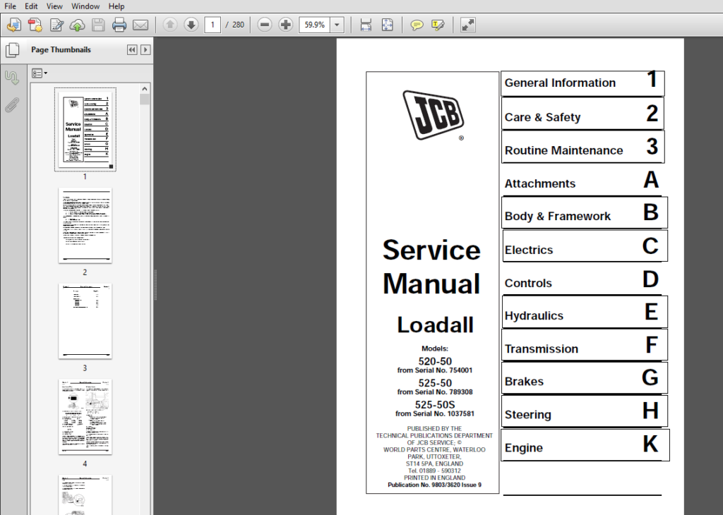 JCB 520, 525 Loadall Service Manual - 9803/3620-9 - PDF DOWNLOAD