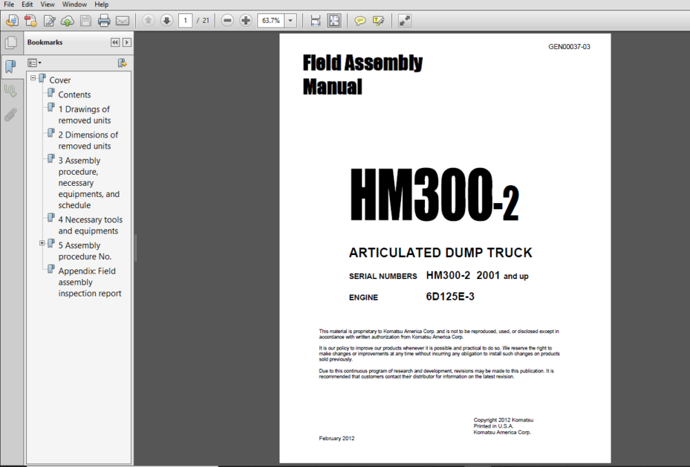 Komatsu HM300-2 Articulated Dump Truck Field Assembly Instruction ...