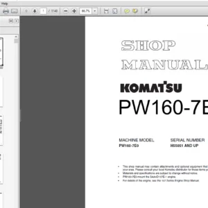 Komatsu PW160-7E0 Hydraulic Excavator Shop Manual (H55051 and up) - PDF DOWNLOAD