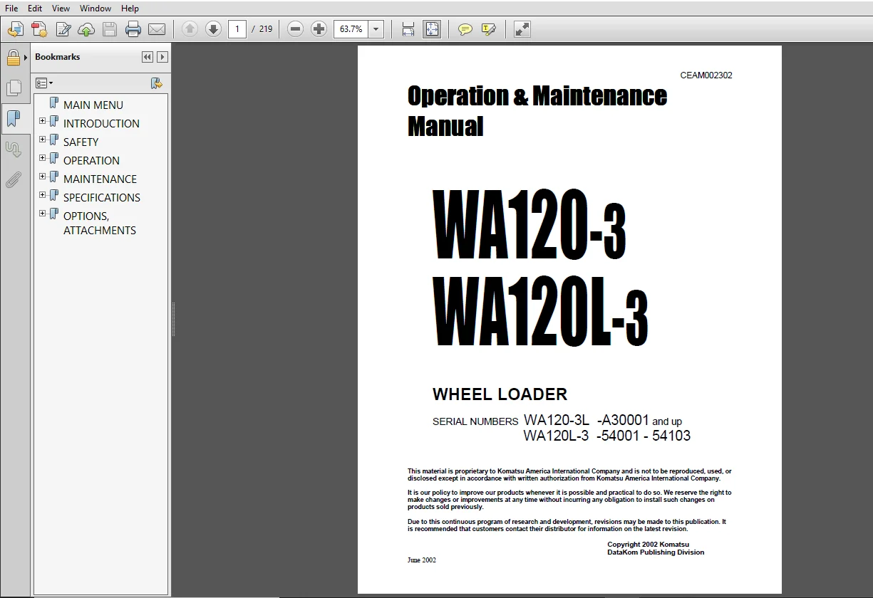 Komatsu WA120-3 WA120L-3 Wheel Loader Operation & Maintenance Manual - PDF Download - Image 3
