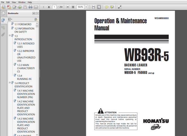 Komatsu WB93R-5 Backhoe Loader Operation & Maintenance Manual (F50003 ...