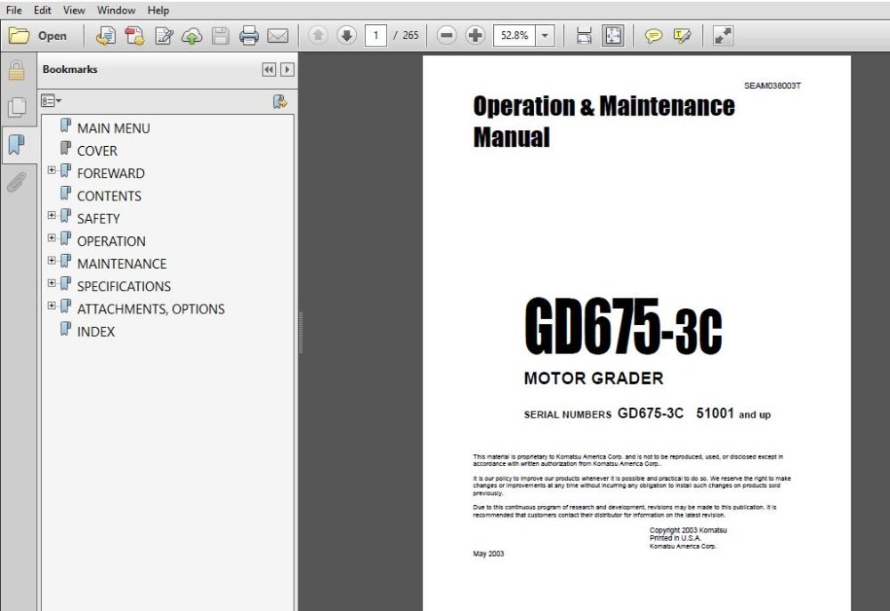 KOMATSU GD675-3C MOTOR GRADER Operation & Maintenance Manual (SN:51001 ...