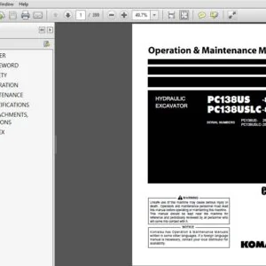 KOMATSU PC138US -8 PC138USLC-8 HYDRAULIC EXCAVATOR OPERATION & MAINTENANCE MANUAL (SN:26284 & UP)