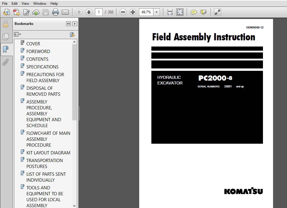 Komatsu Pc00 8 Hydraulic Excavator Field Assembly Instruction Sn 001 Up Komatsu Pc00 8 Pdf Download Heydownloads Manual Downloads