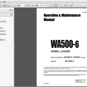 KOMATSU WA500-6 WHEEL LOADER Operation & Maintenance Manual SL NO(WA500-6)A92001 & up ENGINE 6D140E-5 - PDF DOWNLOAD