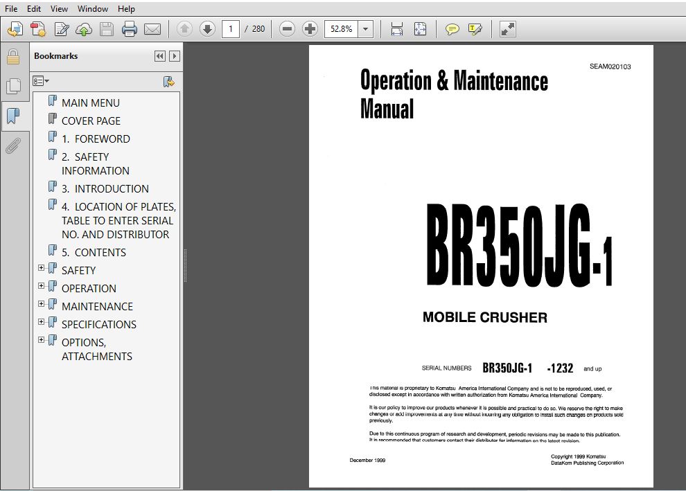 Komatsu BR350JG-1 Mobile Crusher Operation & Maintenance Manual SN 1232