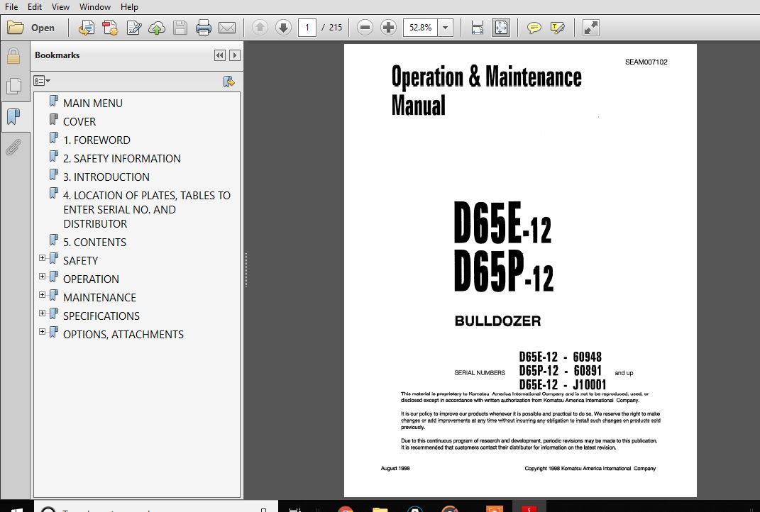 Komatsu Bulldozer D65E-12 D65P-12 Operator & Maintenance Manual - PDF