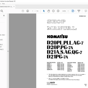 Komatsu D20PL-7, D20AG-7, D20P-7A, D21A-7, D21S-7, D21QG-7, D21A-7T Bulldozer Shop Manual - DOWNLOAD