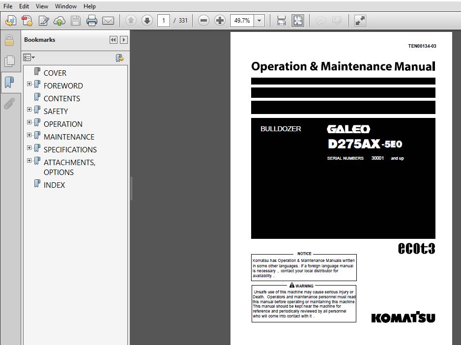 Komatsu D275Ax-5E0 Bulldozer Operation & Maintenance Manual SN 30001