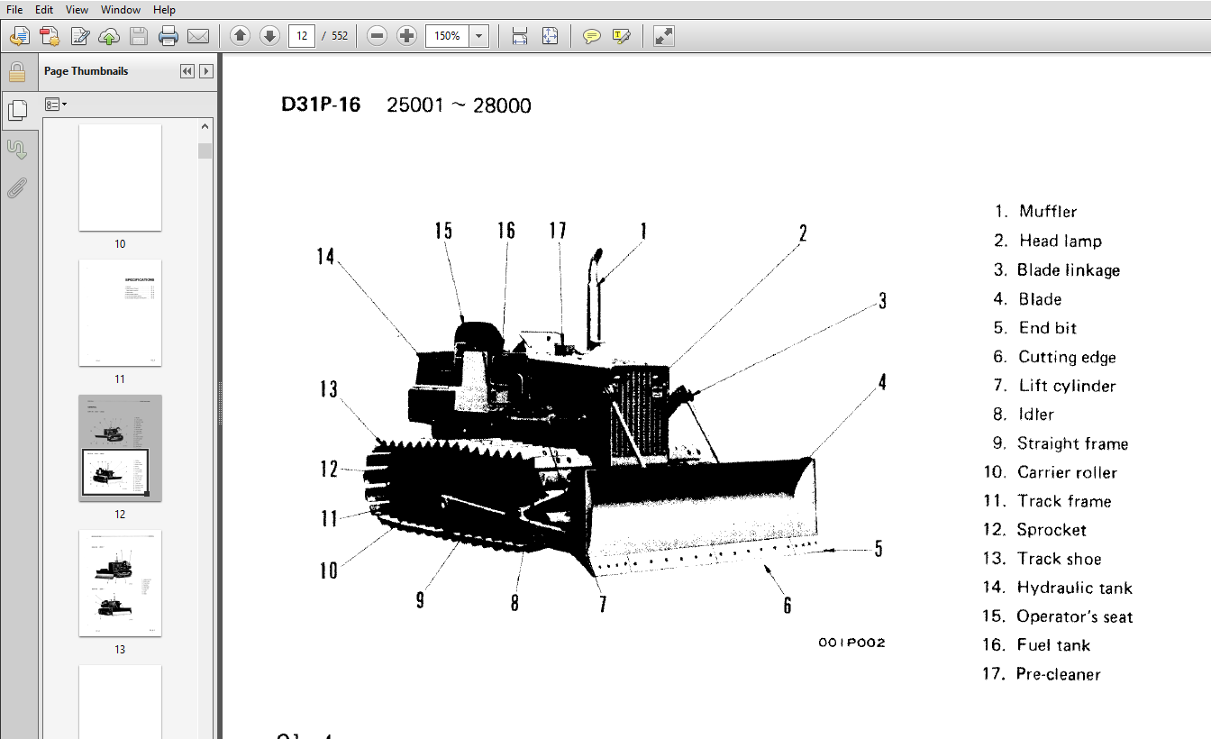 Komatsu D31A-16, D31P-16 Crawler Bulldozer Shop Manual 25001 and up