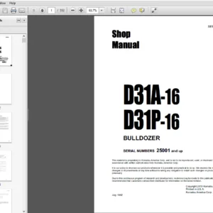 Komatsu D31A-16, D31P-16  Crawler Bulldozer Shop Manual 25001 and up - PDF DOWNLOAD