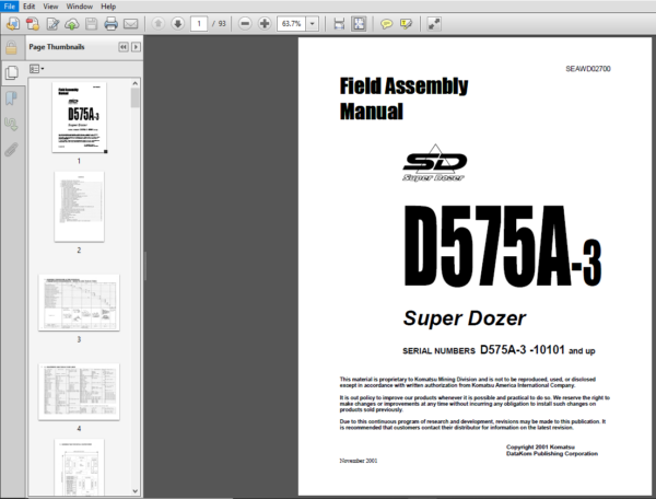 Komatsu D575A-3 Dozer Field Assembly Manual 10101 and up - PDF DOWNLOAD