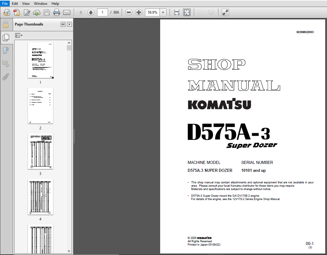 Komatsu D575A-3 Super Dozer 10101 and up Crawler Bulldozer Shop Manual