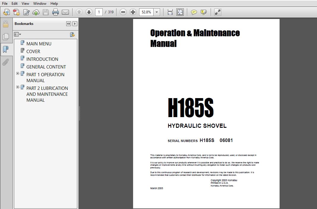 Komatsu H185S Hydraulic Shovel Operation & Maintenance Manual SN 06081 ...