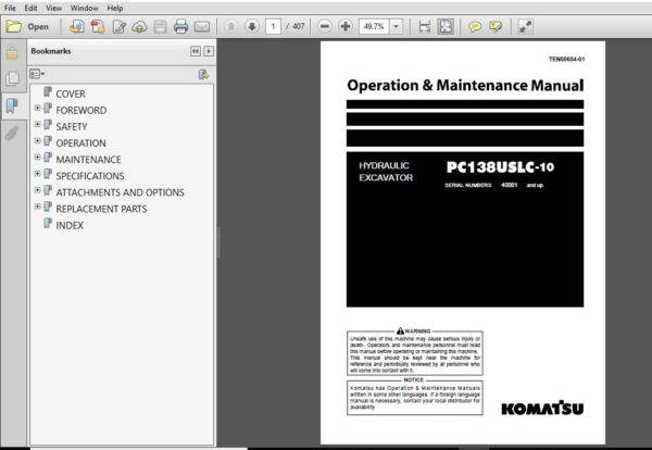 Komatsu Hydraulic Excavator PC138USLC-10 Operation & Maintenance Manual