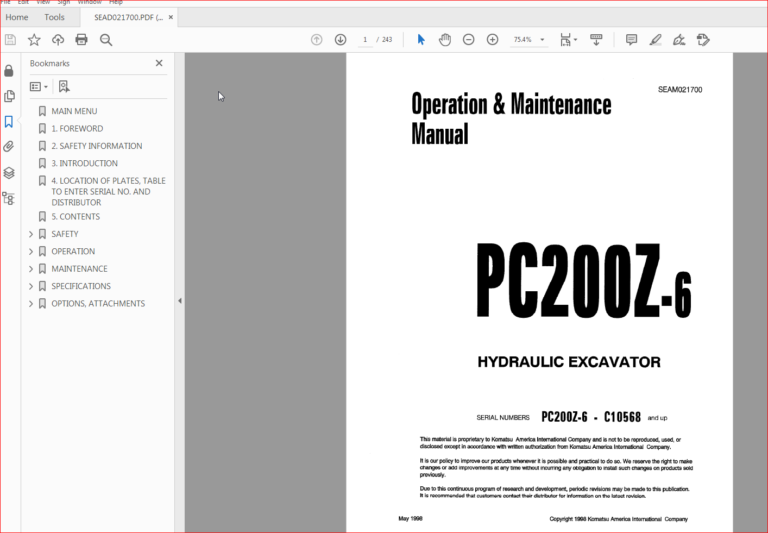 Komatsu Hydraulic Excavator PC200Z-6 Operation & Maintenance Manual SN